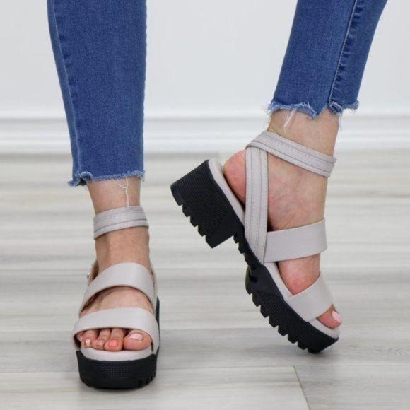 Gray Strappy Chunky Heel Sandal Faux Leather - Picture 9 of 11